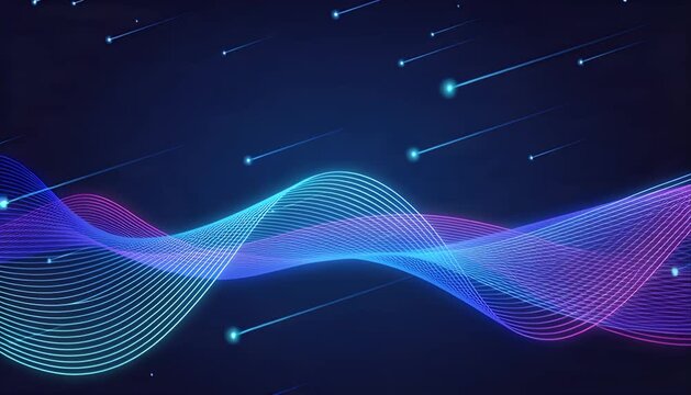 Abstract background with blue and purple wave lines, neon line glow, dark backdrop, glowing light trail, futuristic digital design, dark blue space, gradient star trail for SEO title