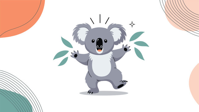 Happy grey koala is dancing and waving its paws among floating green leaves and abstract shapes in a cheerful and artistic scene.