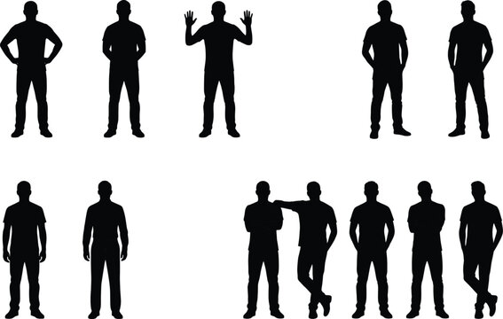 Collection of male silhouettes showing various standing gestures and interactions isolated on white background for design, social, and lifestyle concepts