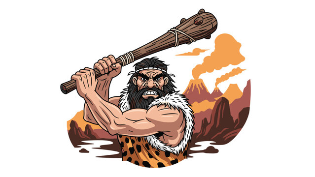 Strong caveman with a thick beard is raising a large wooden club in a prehistoric landscape with active smoking volcanoes behind him.