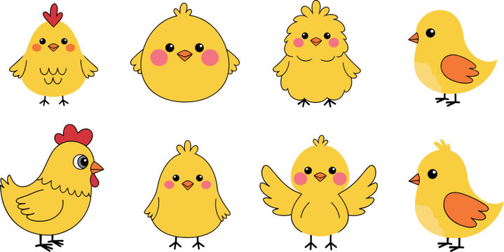 Cute chick vector set with yellow baby chicken cartoon characters adorable farm animals illustration collection isolated
