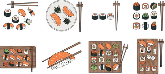 Sushi vector set with salmon nigiri maki rolls chopsticks wooden boards and Japanese food illustration collection isolated © EdGe Creative