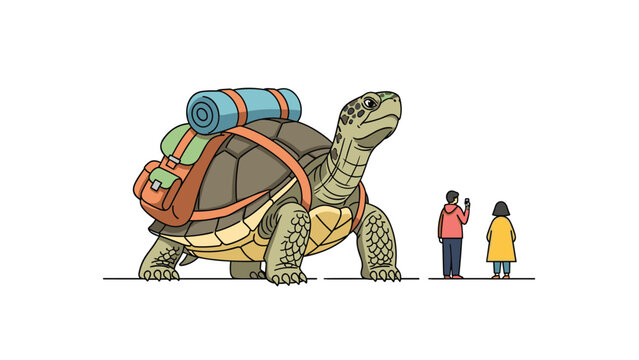 Massive giant tortoise carrying a large hiking backpack and sleeping mat while two tiny people stand nearby taking photos.