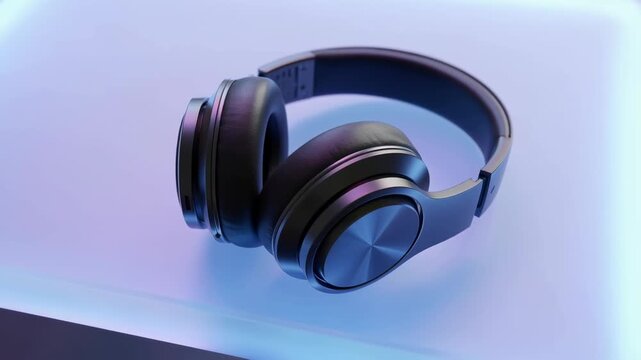 Wireless headphone on modern black desk with blue neon light for audio music technology customer support service and responsive support
