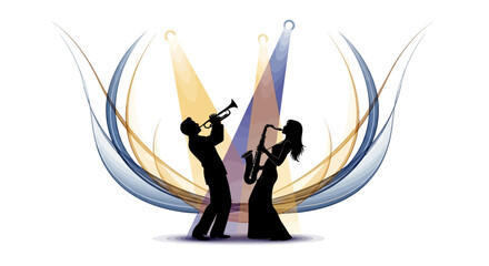 Silhouetted musicians performing a modern neon jazz festival visual with a trumpet and saxophone, set against an abstract backdrop with stylized light beams, evoking the energy of live © NanzZ