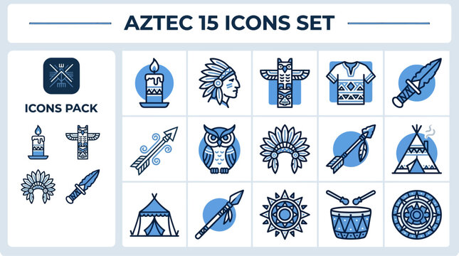 Ancient Aztec heritage elements in clean vector icon set, blue outline illustration isolated on white for poster, app, and museum design