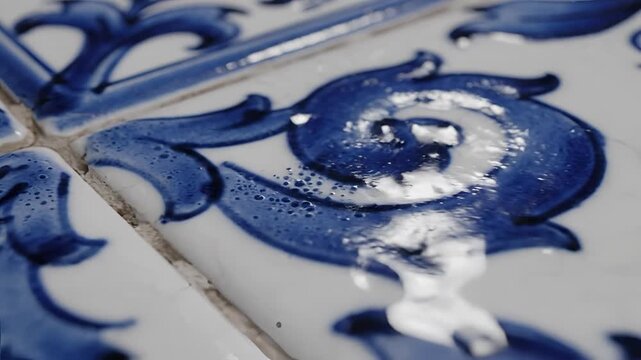 Closeup of antique blue and white ceramic tiles with ornate floral patterns.