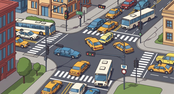 Busy City Intersection with Traffic Jam and Pedestrians Crossing.