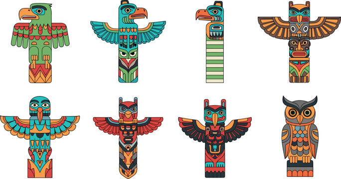 Colorful tribal totem poles with birds and owl characters collection ethnic native art symbols vector illustration set isolated