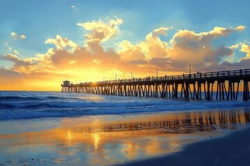 Obraz premium wooden pier stretching into calm ocean at golden sunset with vibrant clouds and reflective wet sand, tranquil seaside atmosphere