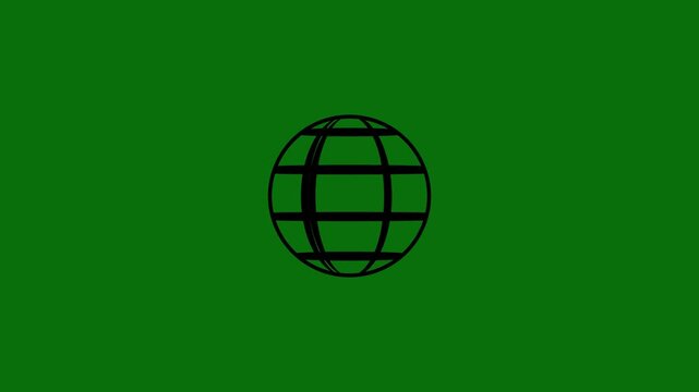 A simple black outline of a globe with a grid pattern is centered on a solid, vibrant green background, representing global connection or environmental themes
