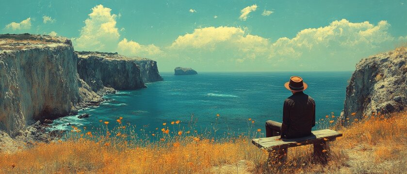 Man in a hat sitting on a wooden bench overlooking a scenic coastal cliff landscape with ocean and blue sky in a vintage painterly style