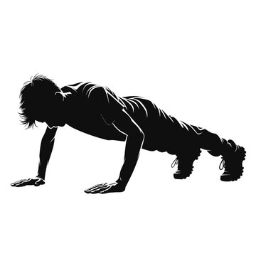 Fitness, exercise, workout, silhouette, man doing push-ups, black, vector