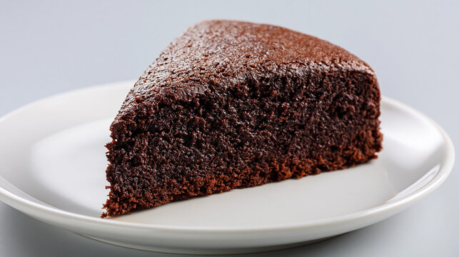 白い皿にのせたしっとり食感のチョコレートケーキ一切れのシンプル背景