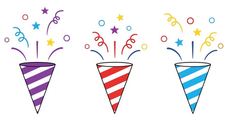 Fototapeta premium Confetti poppers exploding with streamers and stars in bright colors on white background