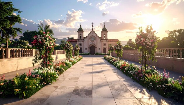 exotic rooftop garden and floral arrangements for special event ceremony. Old church in background.
