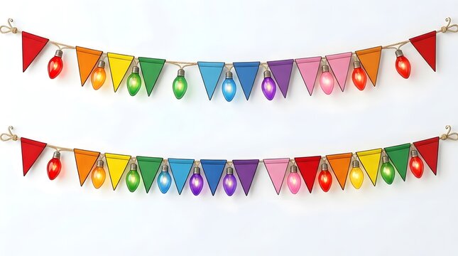 A colorful string of triangular flags and lanterns hanging on a white background