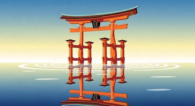 A serene Japanese torii gate stands in calm water at sunrise.