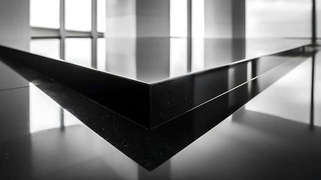Black granite corner shelf or ledge in modern interior with large windows