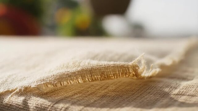 An extreme close-up of a linen tablecloth corner fluttering in the wind, sunlight highlighting its rough texture for sensory-focused ads of natural materials and summer moments