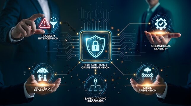 Conceptual risk control graphic illustrating strategic crisis prevention operational stability and security protection for problem interception while safeguarding complex organizational processes.