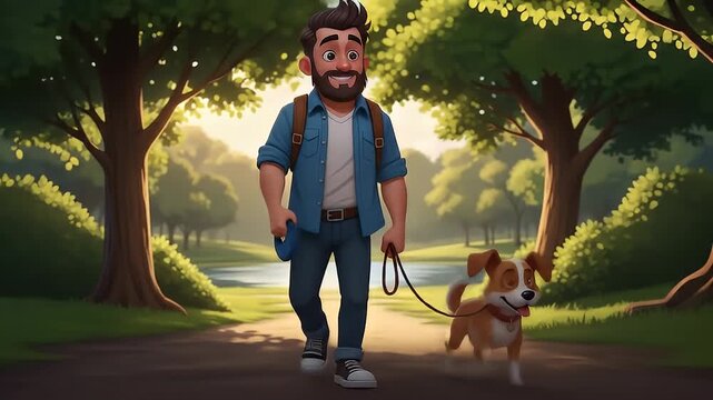Animated man walks happy dog along path in sunny forest park, cartoon style rendering
