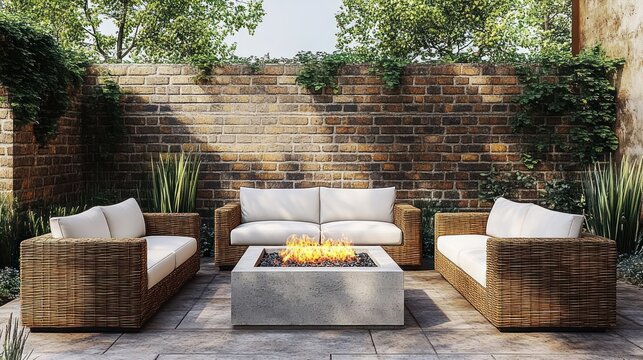Cozy sunny outdoor patio with three wicker sofas and white cushions arranged around a concrete fire pit, brick wall with ivy, potted grasses and trees creating an inviting backyard lounge