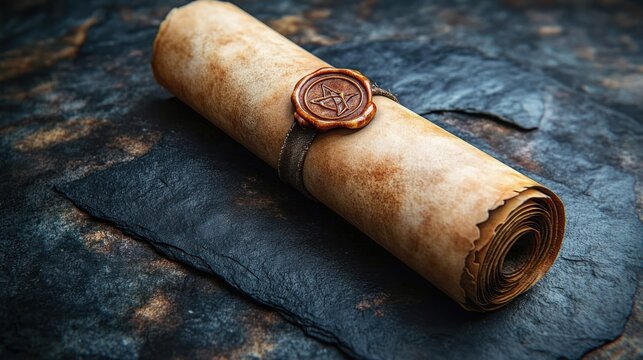 aged parchment scroll rolled and sealed with a wax emblem on dark textured stone, mysterious ancient and moody atmosphere