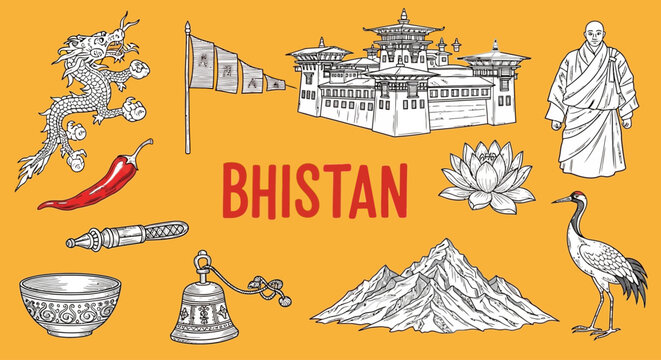 Bhutan Cultural Heritage and Tourism Symbols.