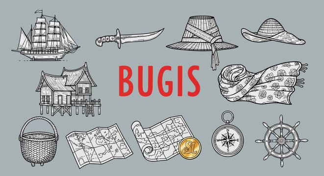Bugis culture travel vintage icons set.