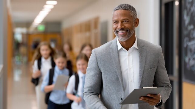 Mature Black male school principal walking confidently through modern school hallway