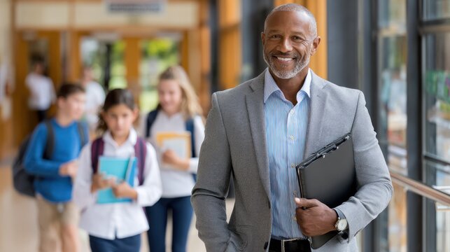 Mature Black male school principal walking confidently through modern school hallway