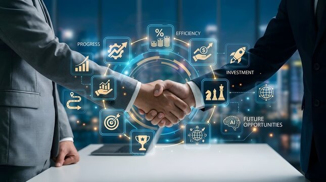 Professional corporate partners shaking hands to seal a deal, symbolizing successful business agreement, financial growth, strategic partnership, investment progress, and economic development.