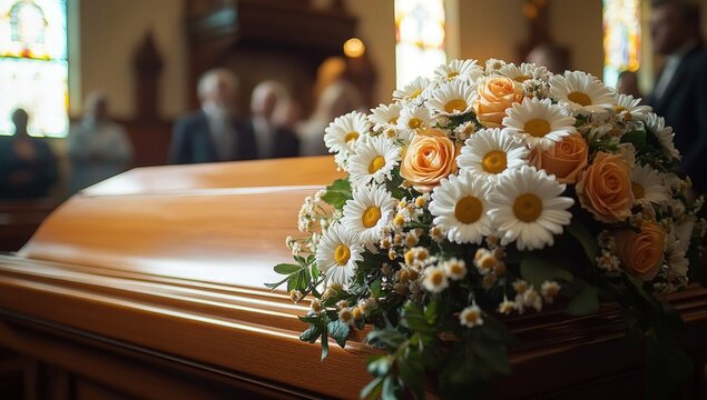 wooden casket in a sunlit church topped with white daisies and peach roses, somber and tender atmosphere with blurred mourners and stained glass windows