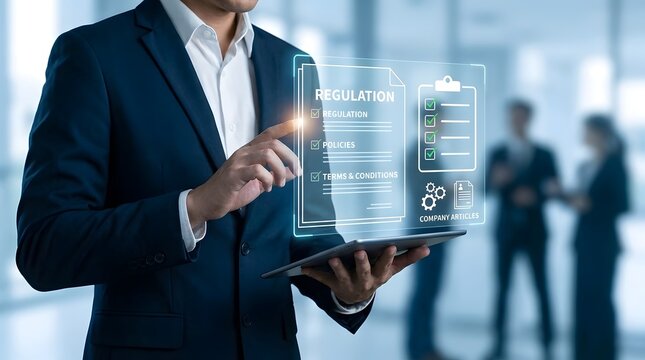 Professional corporate executive reviewing regulatory compliance checklist document with checkboxes focusing on company policies procedures legal terms conditions and articles of association