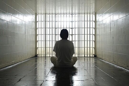 Silhouetted person sitting cross-legged on a reflective cell floor facing a barred window in a narrow concrete room, conveying isolation, solitude and somber contemplation