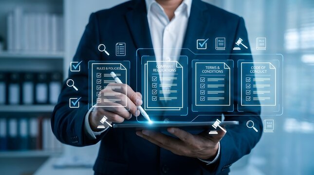 Professional businessmen analyzing regulatory company procedures and conduct rules through formal documents with checkbox lists regarding corporate policy and legal terms and conditions.