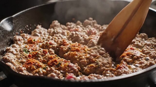 Ground meat cooking, stir-fry in pan, wooden spatula, culinary preparation