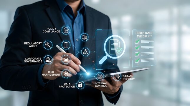 Professional compliance officer meticulously scrutinizing regulatory policy documentation for corporate governance audit risk assessment data protection privacy legal control standards.