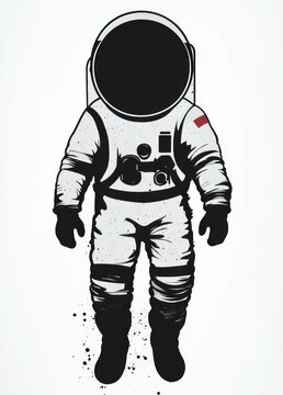 lonely astronaut in white spacesuit with dark reflective visor, gloves, boots, chest pack and red arm patch, floating with textured ink splatter &mdash; moody and mysterious