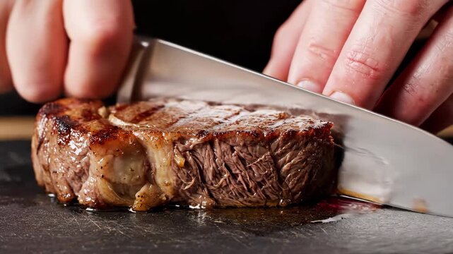 Steak knife hand slicing beef food gourmet dinner, juicy grilled cooked steak cut closeup on dark board, food tech alternative proteins concept