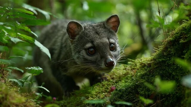 Small civet cat peeking from mossy tree branch in lush green jungle wildlife portrait of a wild animal in its natural habitat