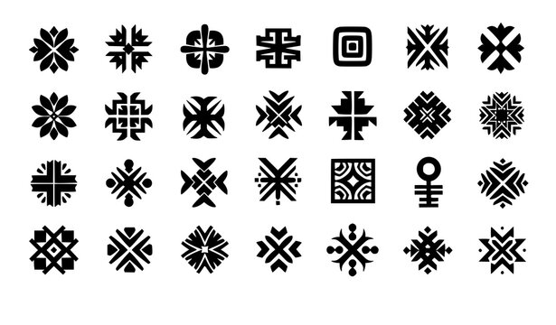Minimal folk art symbol icon set primitive tribal shapes vector isolated on white background