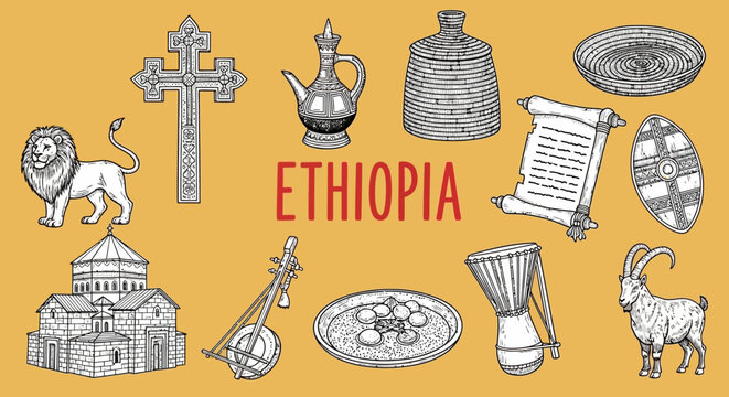 Ethiopian culture and tradition icons set.