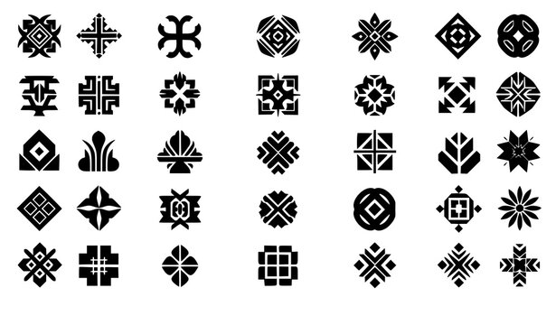 Folk art symbol set primitive shapes tribal decorative icons vector isolated on white background
