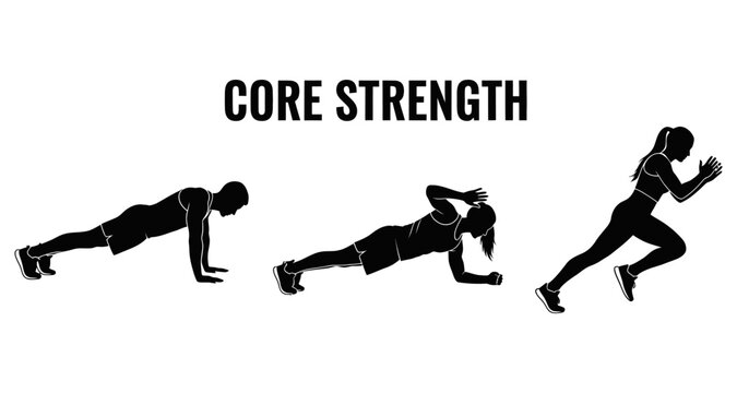 Silhouettes demonstrate core strength exercises plank side plank and running for fitness concept