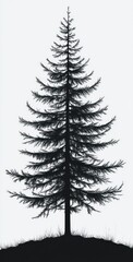 Obraz premium Solitary conifer tree silhouette with feathery branches standing on a small grassy mound against a pale sky, minimal and tranquil mood