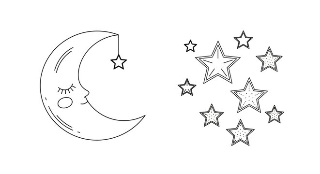 Cute Moon and Stars Illustration - Sleepy Crescent Moon Hanging a Star