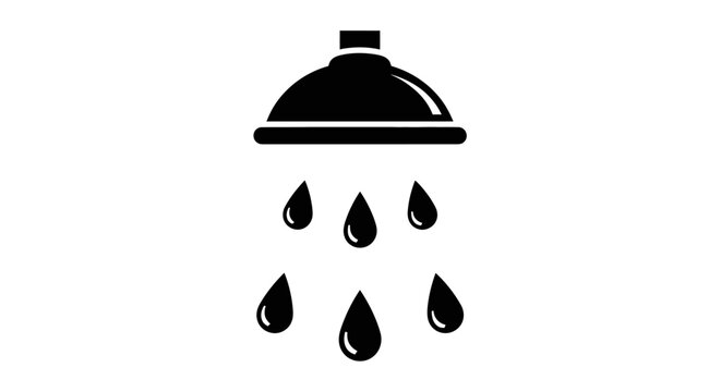 Simple black icon of a showerhead with falling water drops, symbolizing hygiene and bathing in a minimalist design.