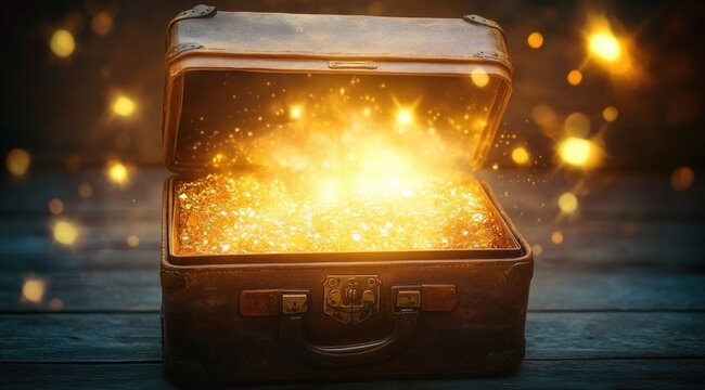 open vintage suitcase overflowing with glowing golden treasure and sparkling lights, evoking wonder and magic